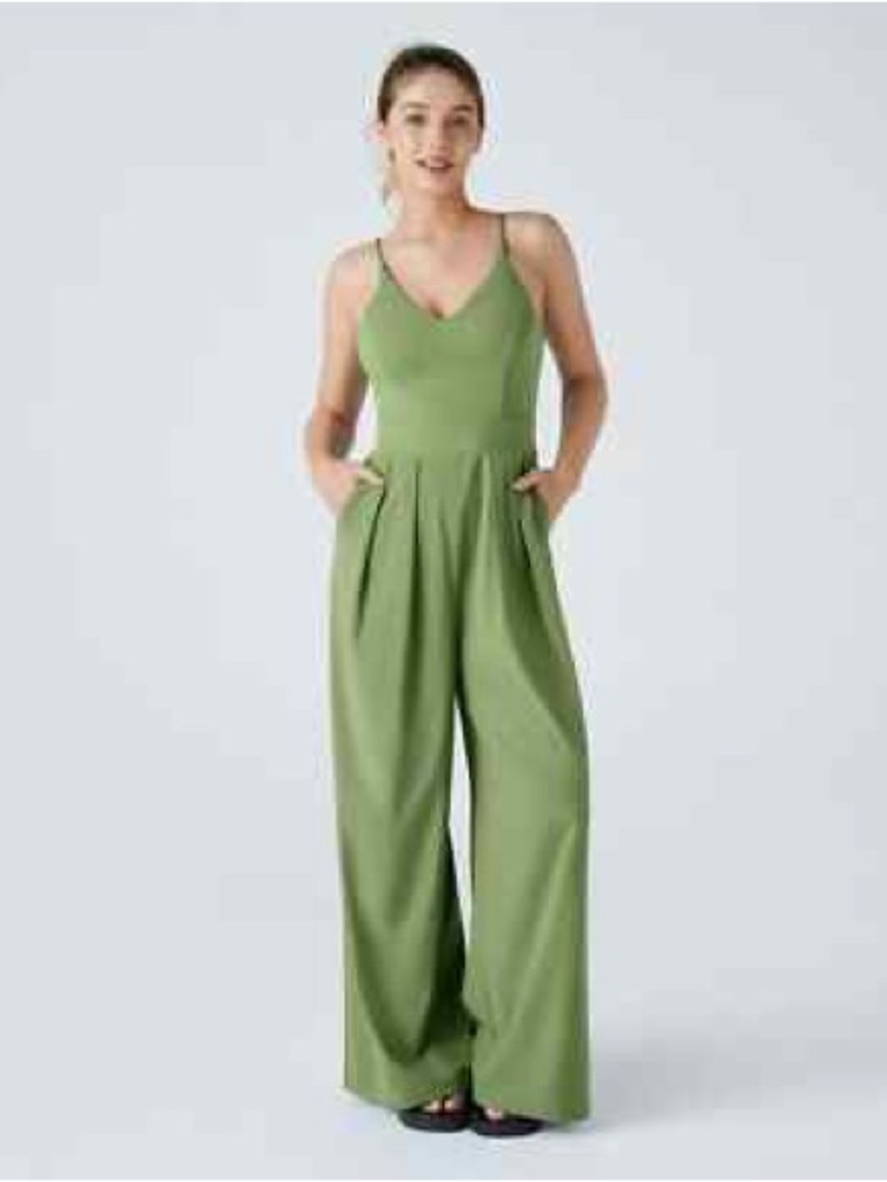 HALARA Olive Green V‑Neck Wide‑Leg Jumpsuit